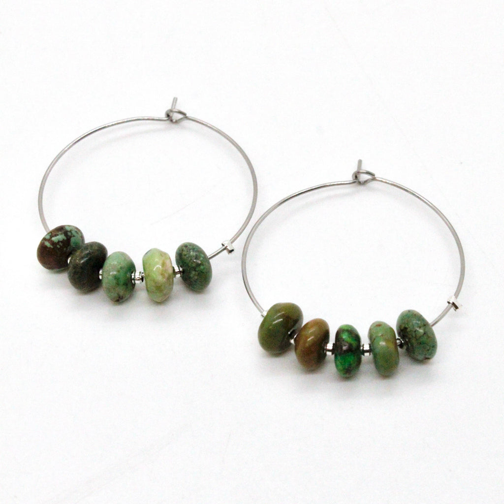 African Turquoise Silver Hoop Earrings